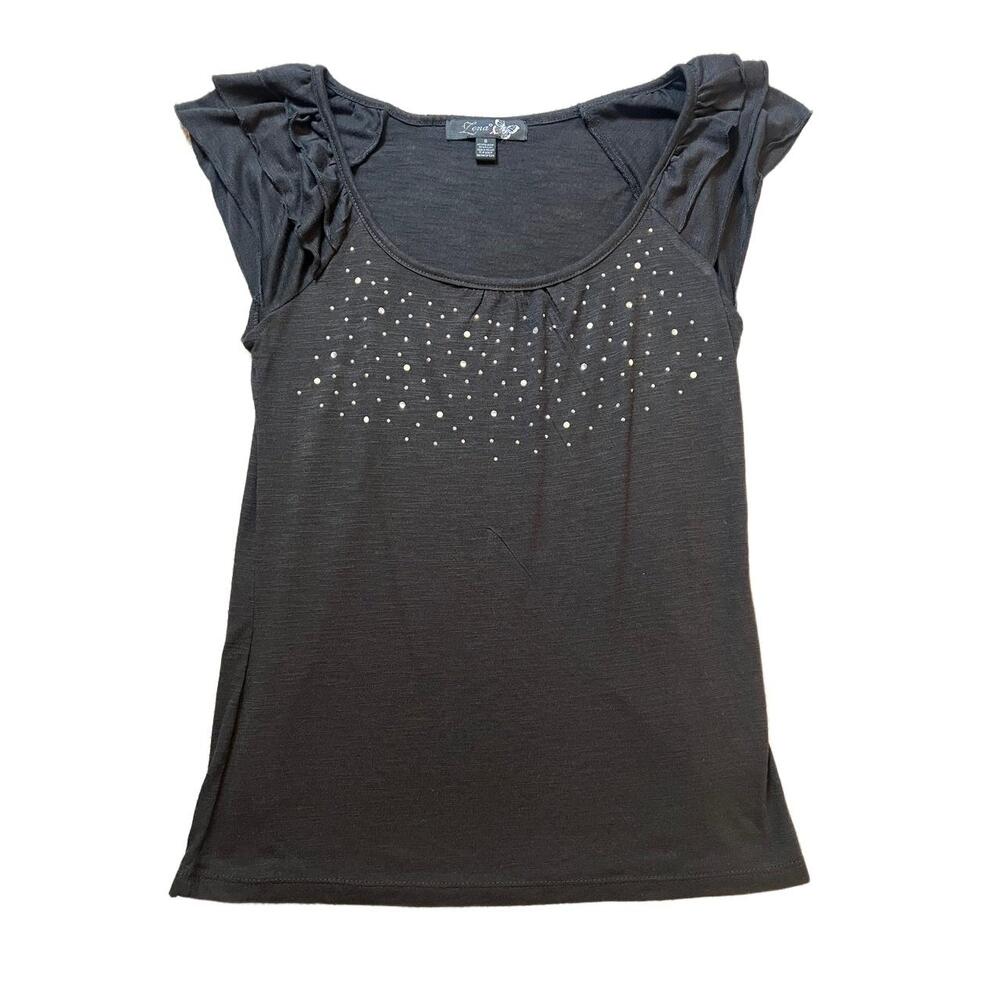 Lena Top Womens Small Black Ruffle Short Sleeve Gem Scoop Neck Stylish Tee